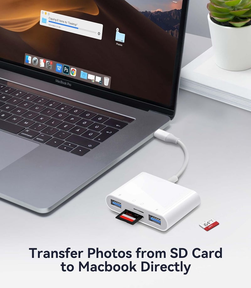 WNXSLOAD USB C SD Card Reader for Mac/MacBook/iPad/iPhone 15 Pro SD Card Adapter with Dual Card Slots & Dual USB Ports, USB-C/TypeC 4 in 1 Trail Camera Memory Card Reader, Plug and Play - 4 Slots - Image 4